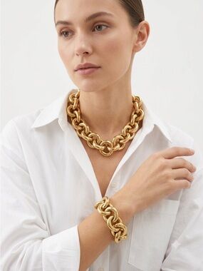 J.Crew Gold Chunky Chain Link Statement Necklace & Bracelet Set
